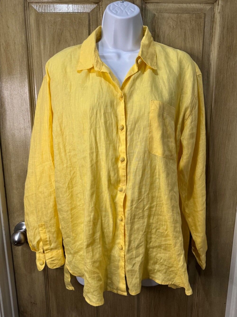 Magaschoni Linen Button Down Shirt Long Sleeve Pocket Yellow Sz Medium